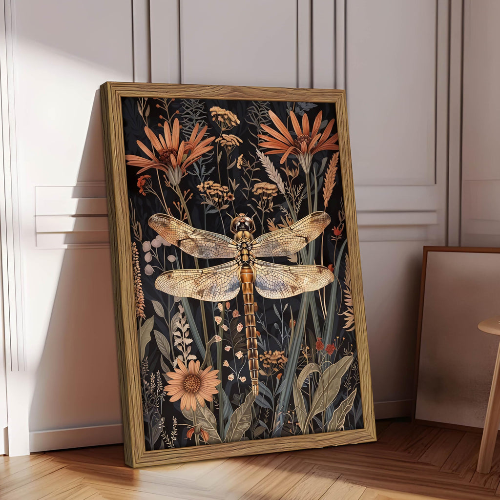 Vintage Framed Dragonfly Wall Art, Dark Academia Insect Art Print, Modern Farmhouse Wall Decor, Botanical Floral