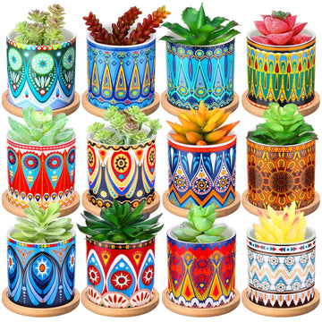 12 Pcs Mandala Ceramic Succulent Pots with Bamboo Trays, Colorful Boho Spring Decor Planters, Small Cactus Plant Pots