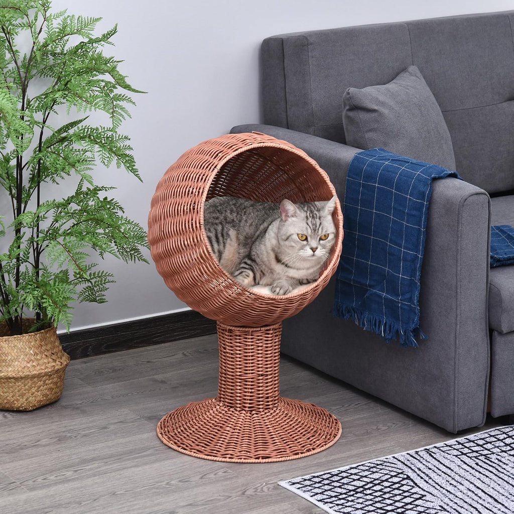 Elevated Cat Bed with Rotatable Egg Chair Pod, Cat Basket Bed with Thick Cushion, Natural Mat Grass Woven Kitty