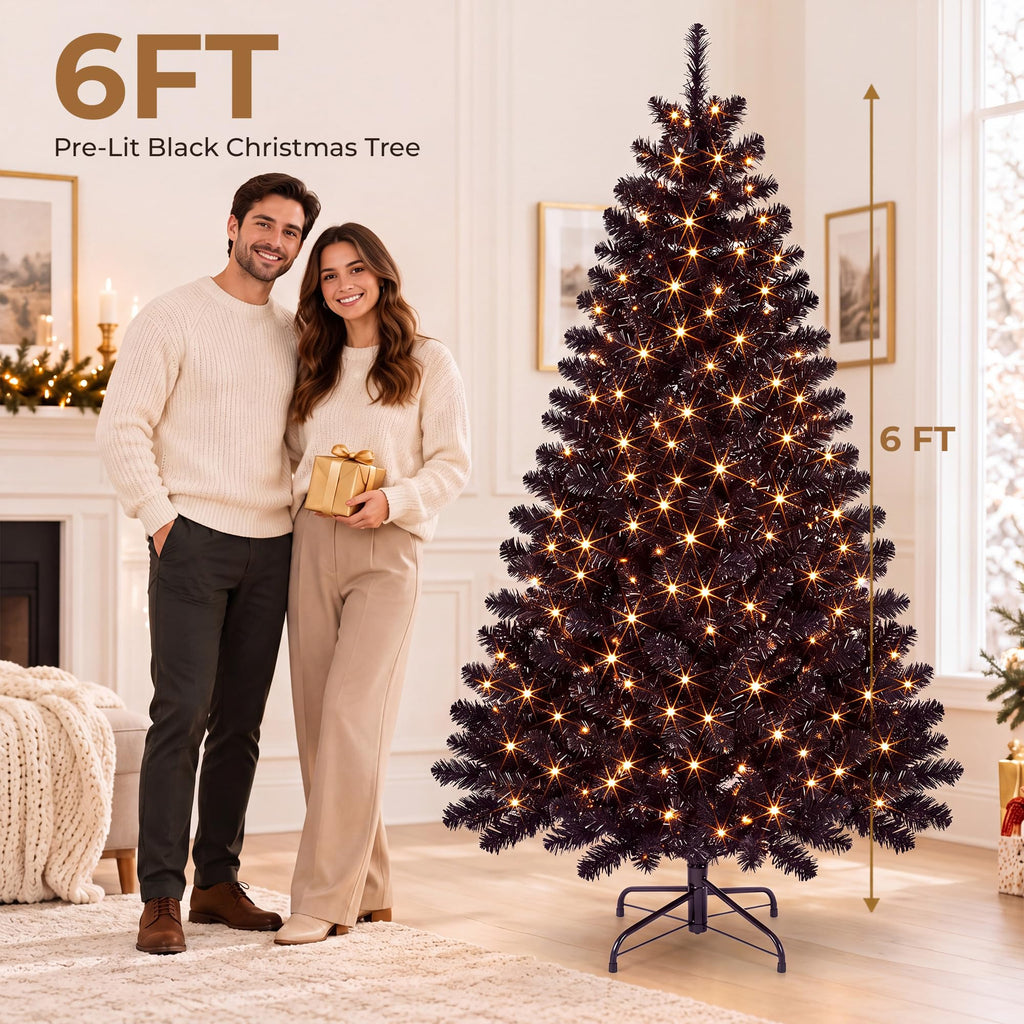 6FT Black Pre-Lit Christmas Tree, 300 Warm White LED Lights