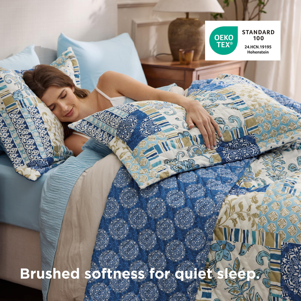 Patchwork Quilt, Reversible Boho Comforter Bedding, Blue