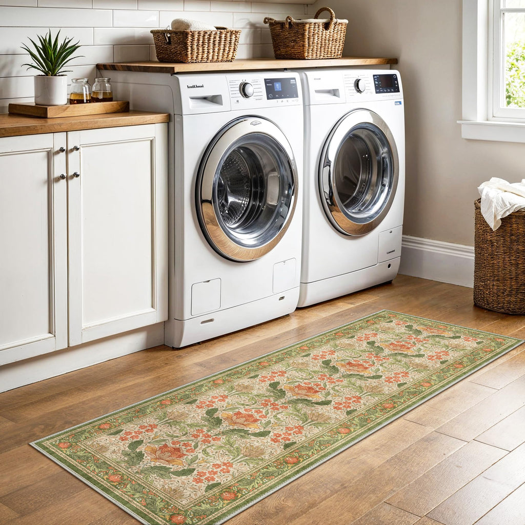 Green & Orange Vintage Floral Runner Rug, Washable