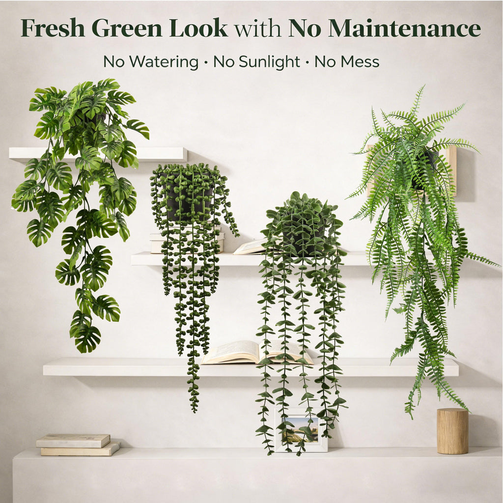 4 Pack Artificial Hanging Plants Indoor - Faux Hanging Wall Plants, String of Pearls, Eucalyptus & Monstera, Fake