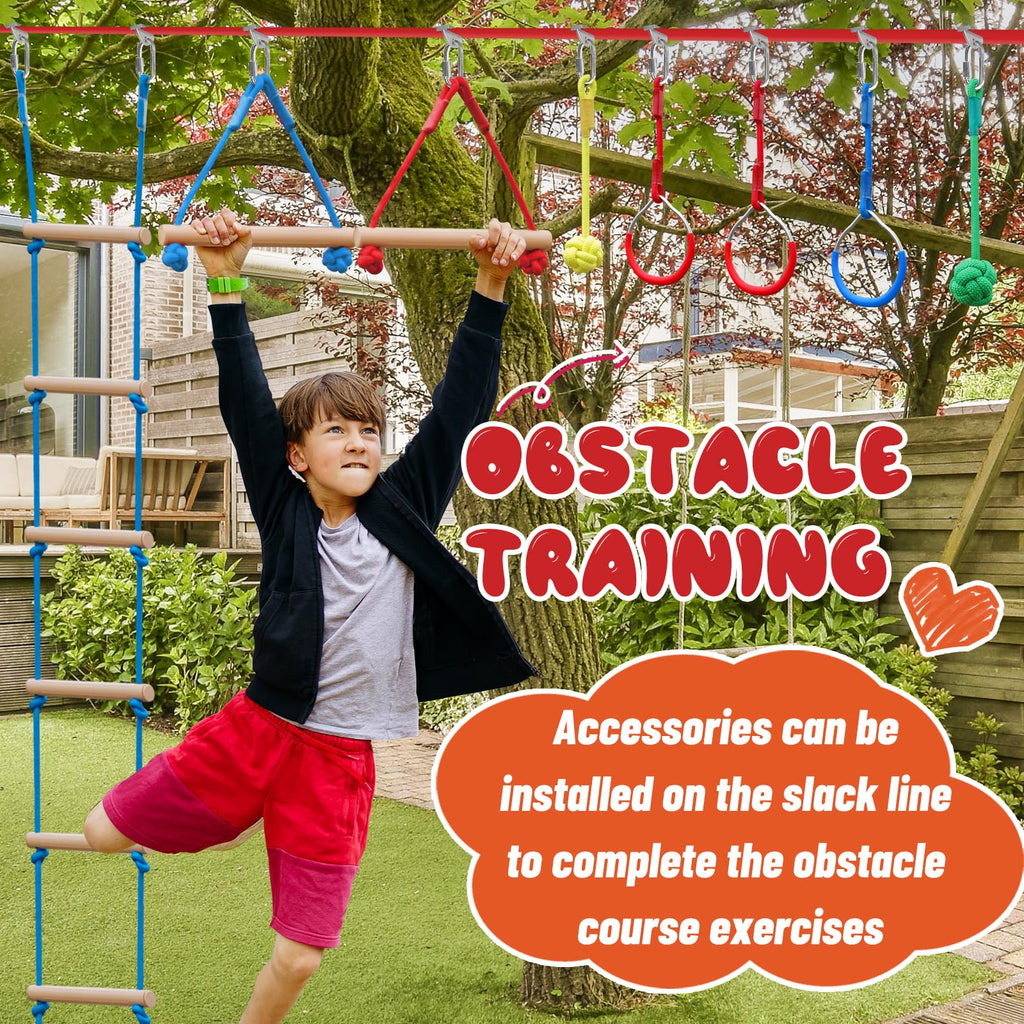 Warrior Obstacle Course for Kids - 60ft Slackline with 8 Pcs Accessories, Tree Protector & Carry Bag