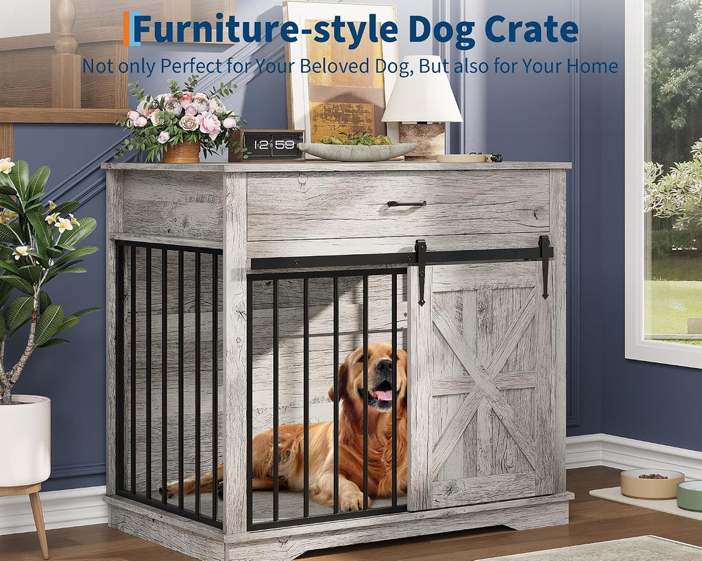 Dog Crate Furniture for Dogs, Farmhouse Style 2-in-1 Dog Crate with Sliding Barn Door, Dual
