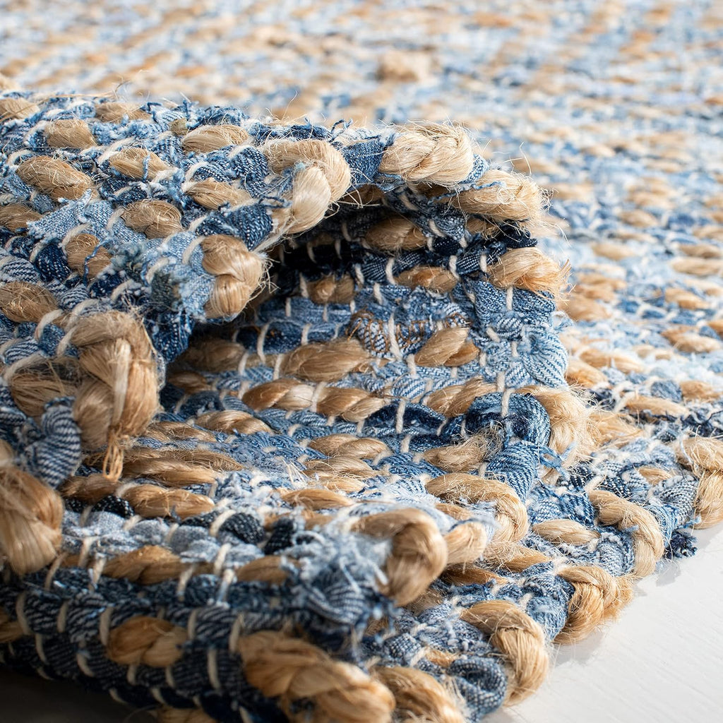 Area Rug - Cape Cod Collection - Large - Natural & Blue, Handmade Flat Weave Braided Jute, Ideal, Dining Space