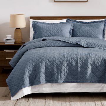 100% Cotton Quilt Set, Pre-Washed, Dusty Blue, 3 Pieces