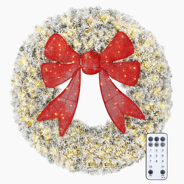 48in Flocked Pre-Lit Artificial Christmas Wreath with 3D Red Bow