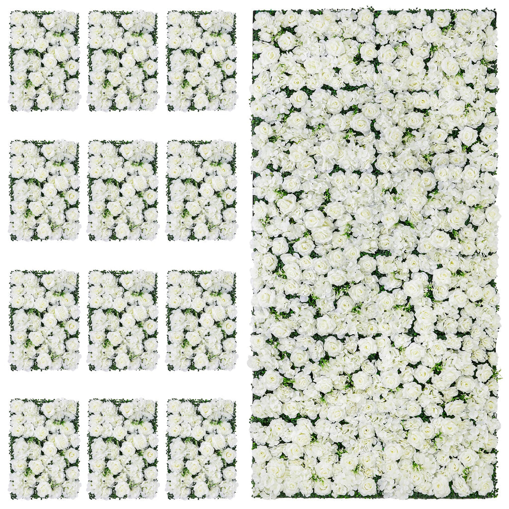 Artificial Flower Wall Backdrop 12-Pack 16"* 24" White Rose Artificial Floral Panels Spring Wedding Home Valentine's