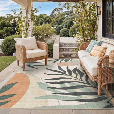 Outdoor & Indoor Area Rug 5'x8', Waterproof, Non-Shedding, Easy Cleaning, Leaf Mat for Patio, Living