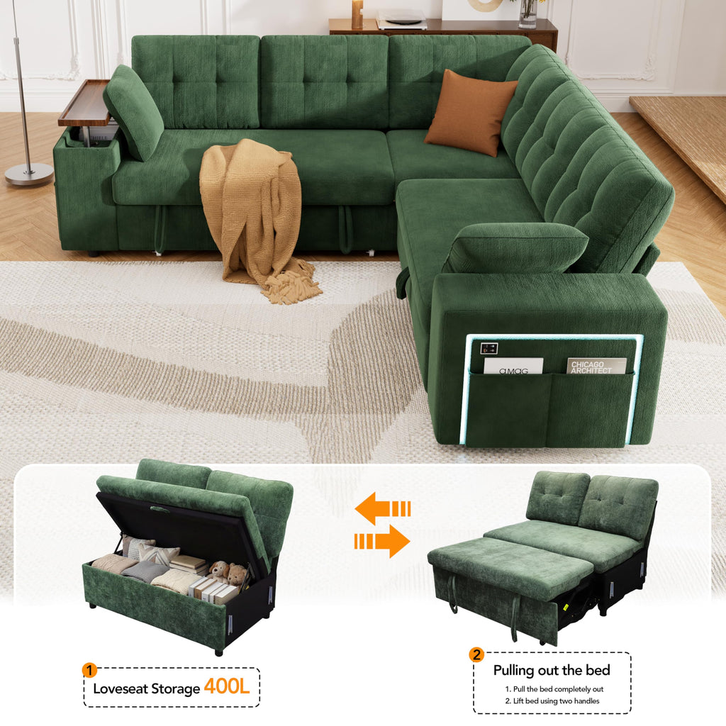 5 Seat Modular Sectional Sleeper Sofa with Pull Out Bed, L-Shaped Couch with Reclining Backrest, Lift Top Storage