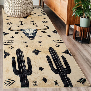Western Aztec Runner Rug 2x6 Home Decor,Farmhouse Vintage Desert Cactus Bull Skull Area Rug,Cowhide Rug Cow Print Rug