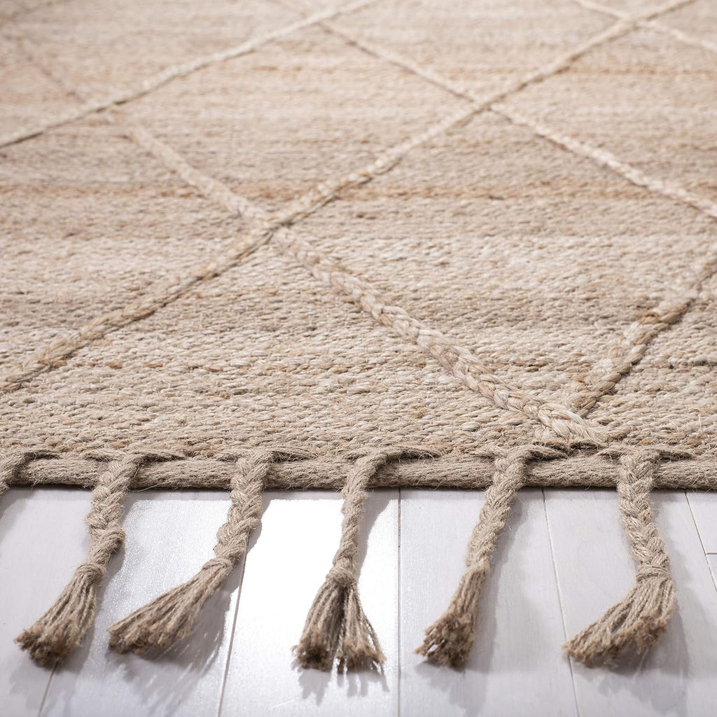 Natural Fiber Collection Area Rug - 4' Square, Natural, Farmhouse Rustic Moroccan Trellis Braided Tassel Jute Design