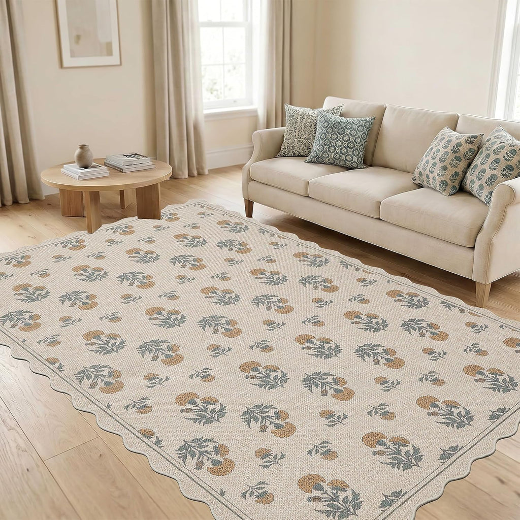 Scalloped Easy Jute 5x7 Area Rug Vintage Yellow Floral Farmhouse Washable Rug Non-Slip Indoor Outdoo