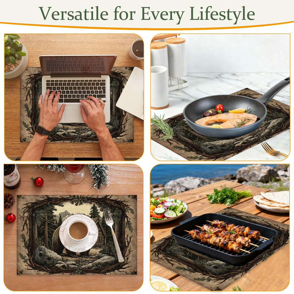 Forest Bear Cloth Placemats,Vintage Wildlife Heat-Resistant Table Placemats Set of 6, Washable Linen Place Mats Table