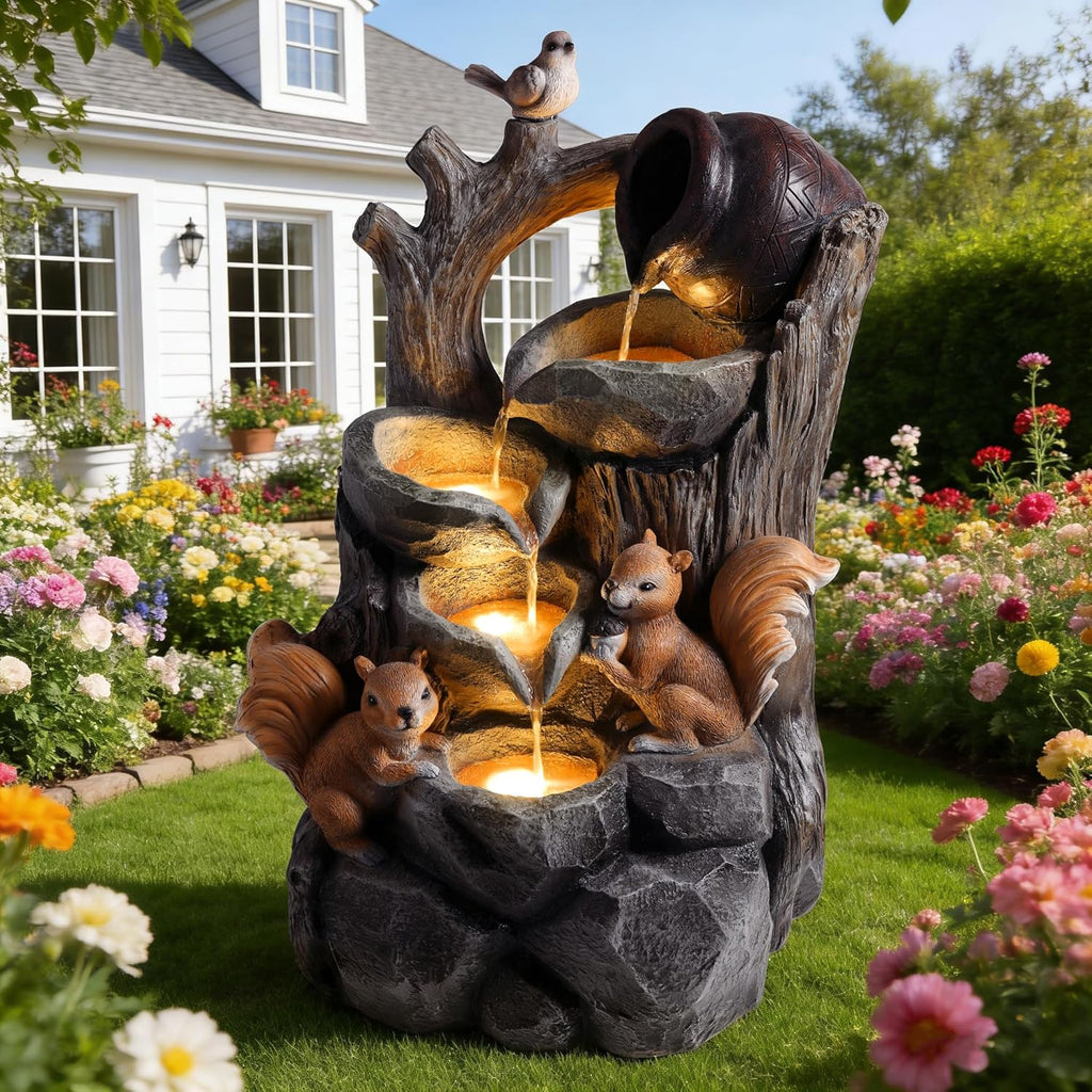 Outdoor Water Fountain with LED Lights, 30.1" Squirrel & Tree Stump Cascading Water Feature