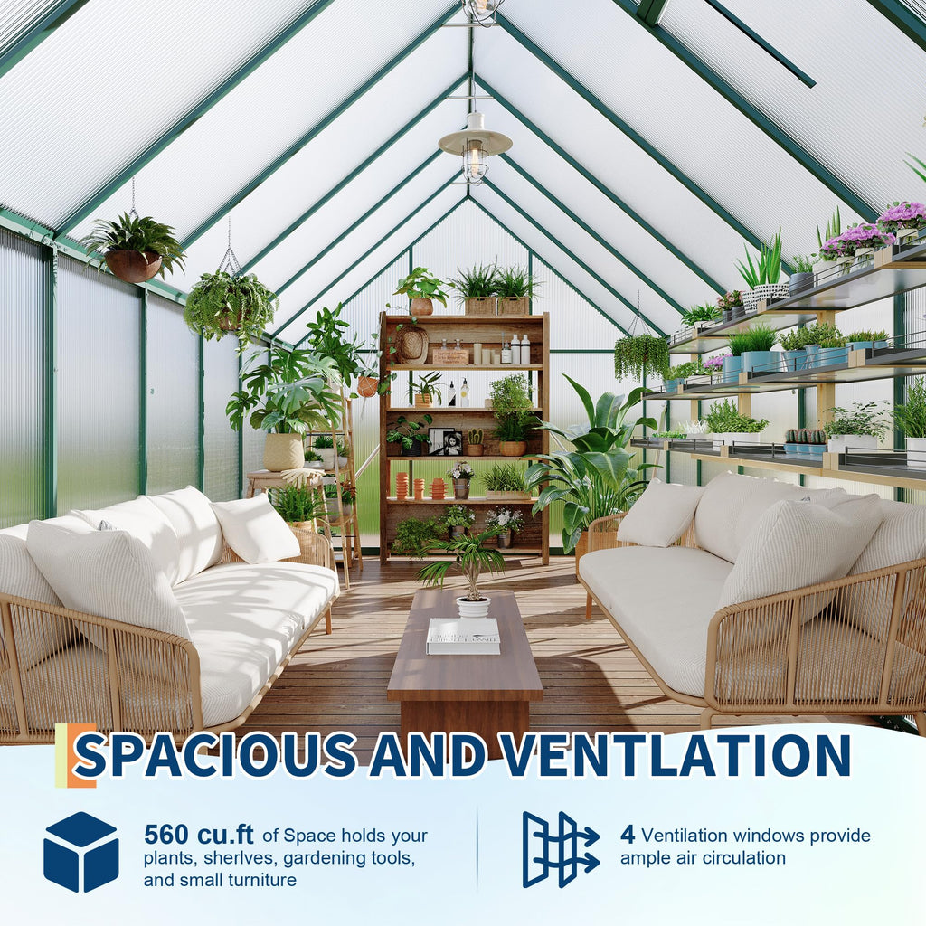 8'X14' Aluminum-Framed Polycarbonate Greenhouse, Heavy Duty Polycarbonate Greenhouse with Quick Setup Structure and