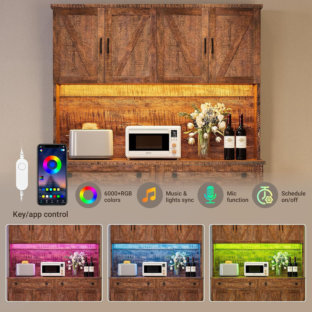 71'' Pantry Cabinet, Kitchen Hutch with Storage, LED & Power, Brown | 2 AC Outlets, 2 USB Ports, 6 Door Shelves, 2