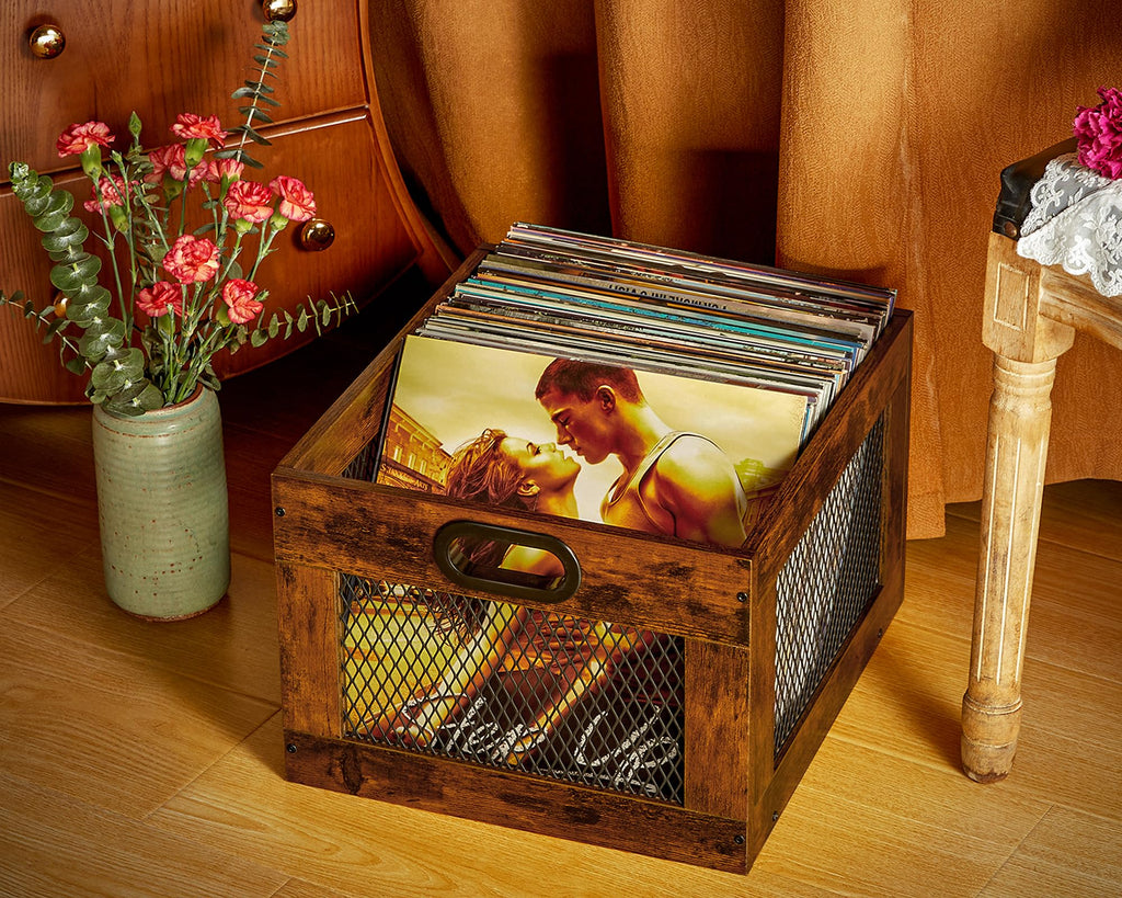 Vinyl Record Storage Crate Wooden Record Holder, Classic Cube Record Organizer Storage 100+ Records, Brown Color
