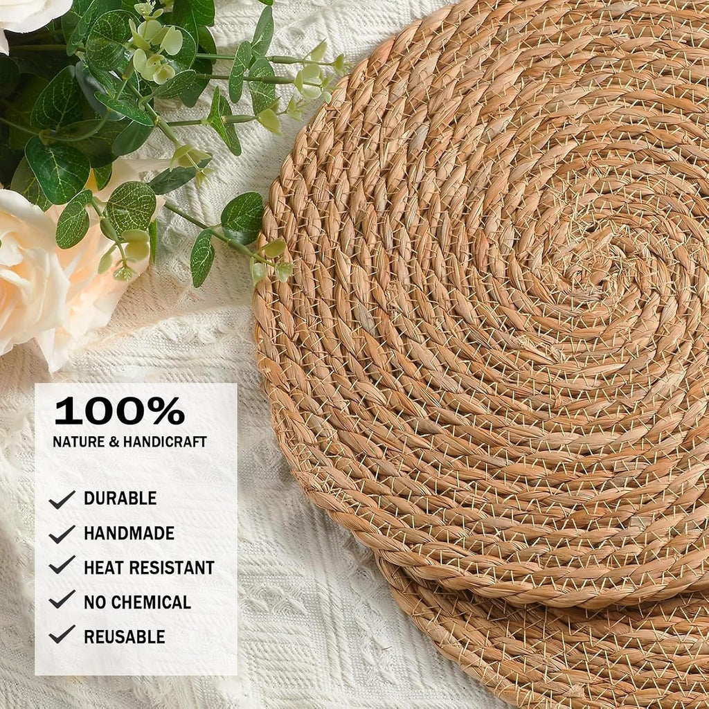 Handmade Heat Resistant 13" Round Woven Placemats Set of 8, Wicker Boho No Chemical Natural Water Hyacinth Place