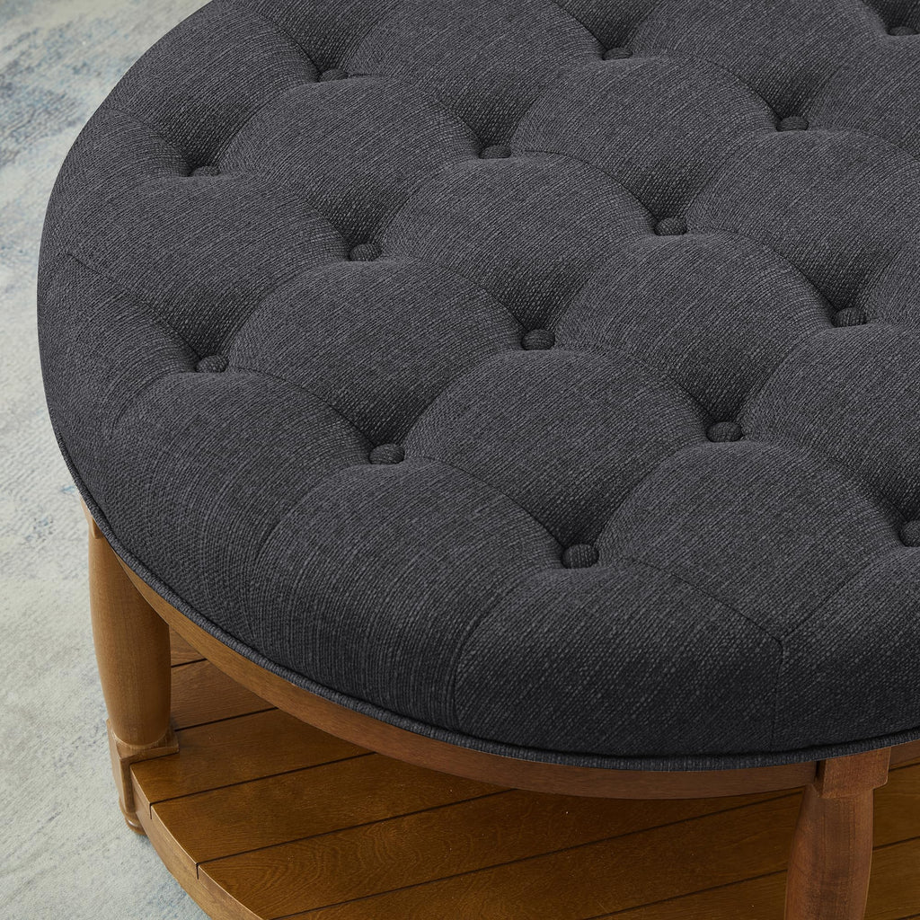 Upholstered Round Coffee Table with Wooden Shelf, Tufted Button Large Round Ottoman with Spindle Wooden Legs, Linen