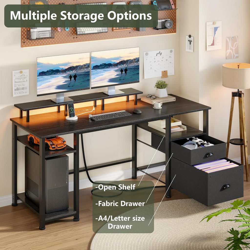 61" Gaming Desk with Outlets & LED, Large Computer Desk, Black | AC Outlets & USB, Ergonomic Monitor Stand, Drawer &