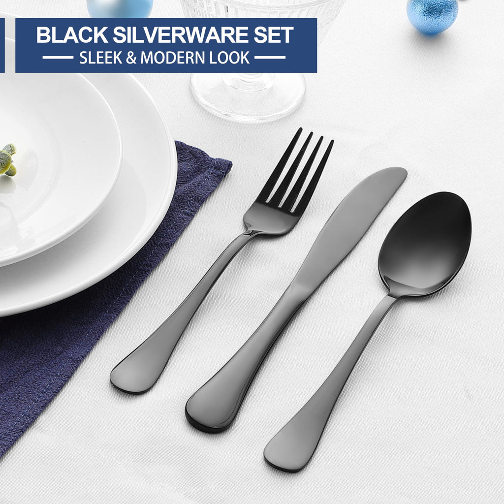 24-Piece Black Silverware Set with Steak Knives, Stainless Steel Flatware Cutlery Set for 4, Modern Metal Eating