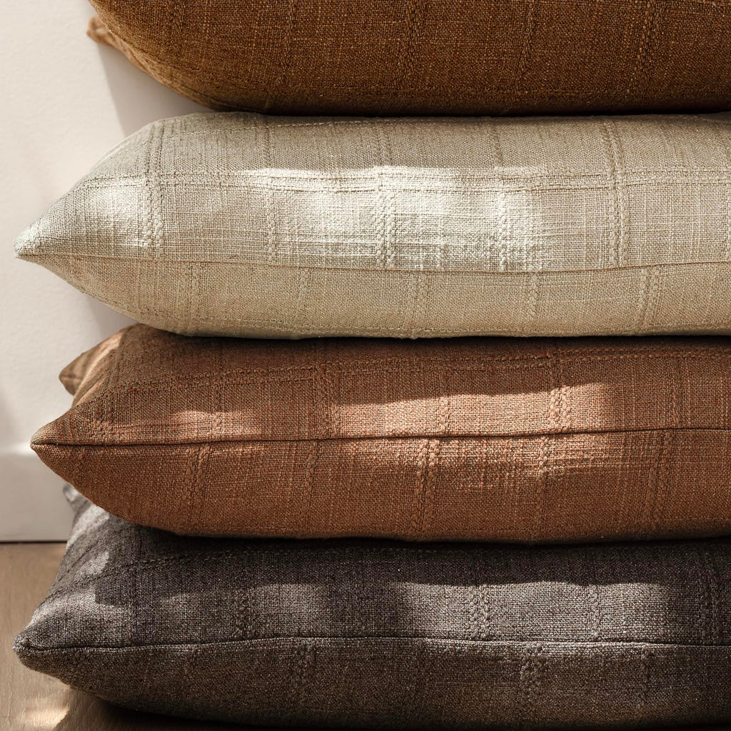 Boho Linen Check Decorative Throw Pillow Covers 26×26 Dark Brown
