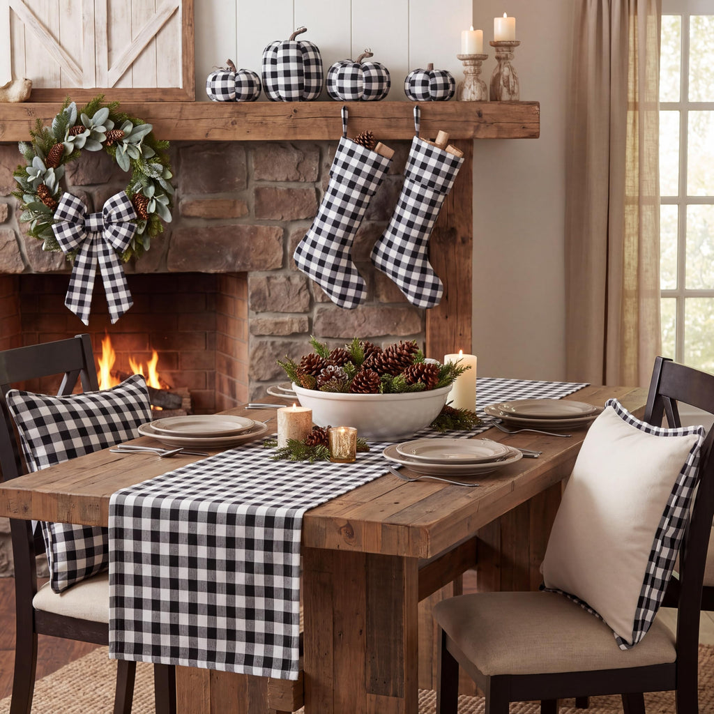Buffalo Plaid Fabric 56x36 in Cotton Christmas Decoration, White-Black