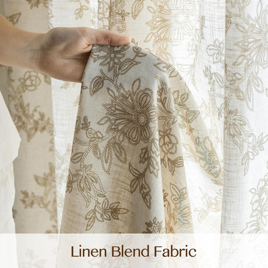 Pinch Pleated Sheer Floral Curtains - Luxury Linen Blend Light Filtering Beige Drapes for Bedroom Living Room - 95"