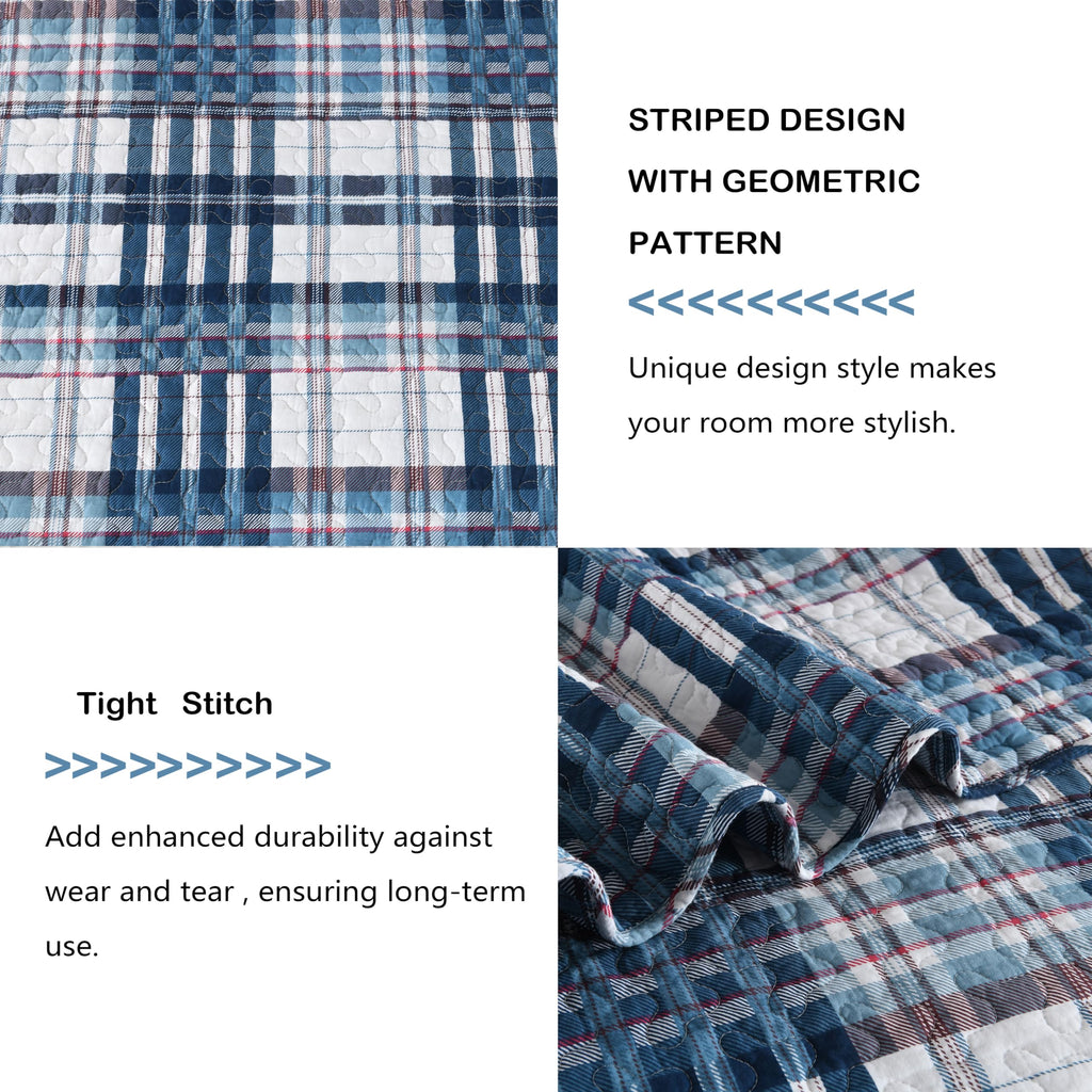100% Cotton Blue White Red Plaid Quilt, Gingham Comforter