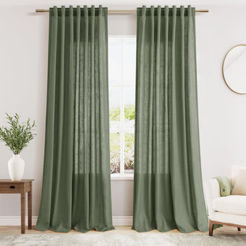 Olive Green Linen Curtains 2 Panels Set 92 Inch Length Back Tab Light Filtering Semi Sheer Curtain Drapes 52x92