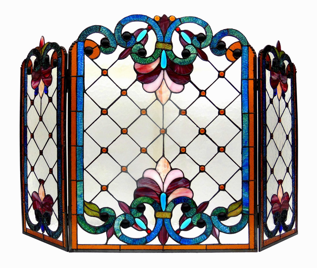 Tiffany-Glass 3pcs Folding Victorian Fireplace Screen 44" Wide
