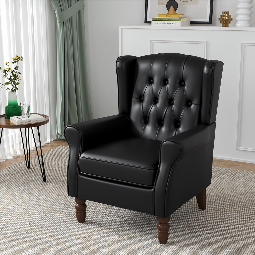 High Back Accent Chair, Faux Leather Tufted Wingback Chair, Black