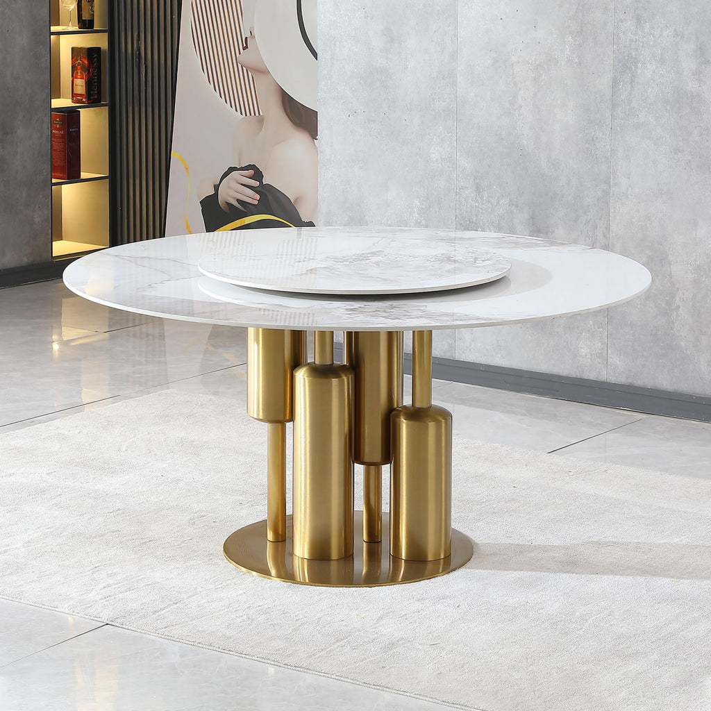 Marble Dining Table, 59" D Round Sintered Stone Tabletop with 31.5" D Removable Turntable, Luxurious Dining Room