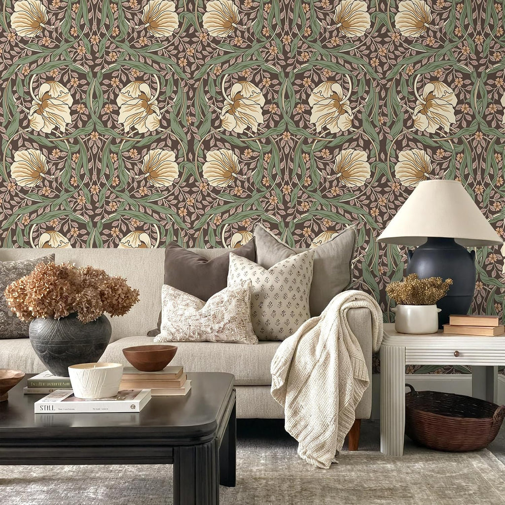 Vintage Dark Earth Floral Wallpaper Peel and Stick William Morris Wallpaper Pimpernel Wall Mural 17.7''x354'' Self