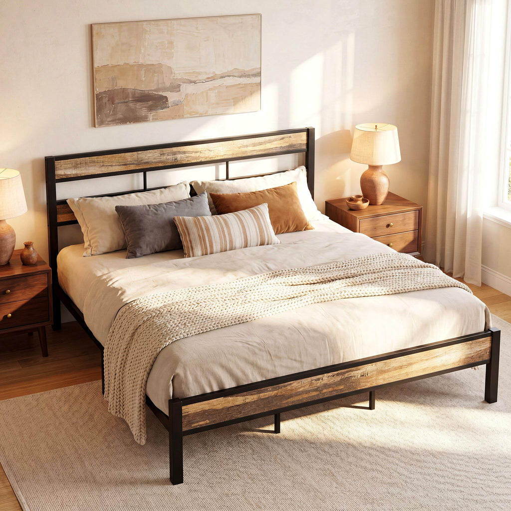 California King Bed Frame wtih Headboard, Rustic Brown
