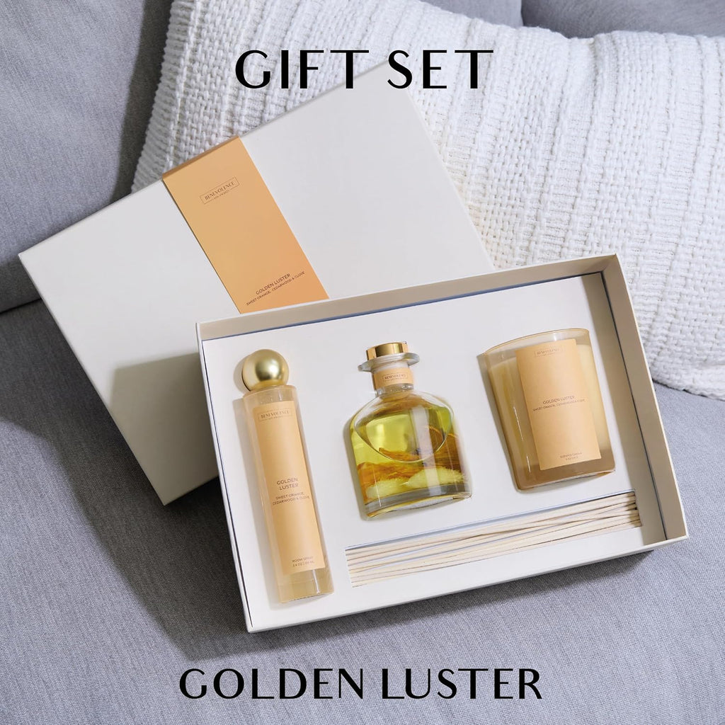 Golden Luster Gift Box | Candle, Room Spray & Reed Diffuser | Orange, Cedarwood & Clove | Luxurious Home Fragrance - Set of 3