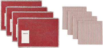 Tabletop Set, Decorative Cloth Napkins & Placemats, Holiday Home Decor, Set of 8 (Merry Collection, Red)