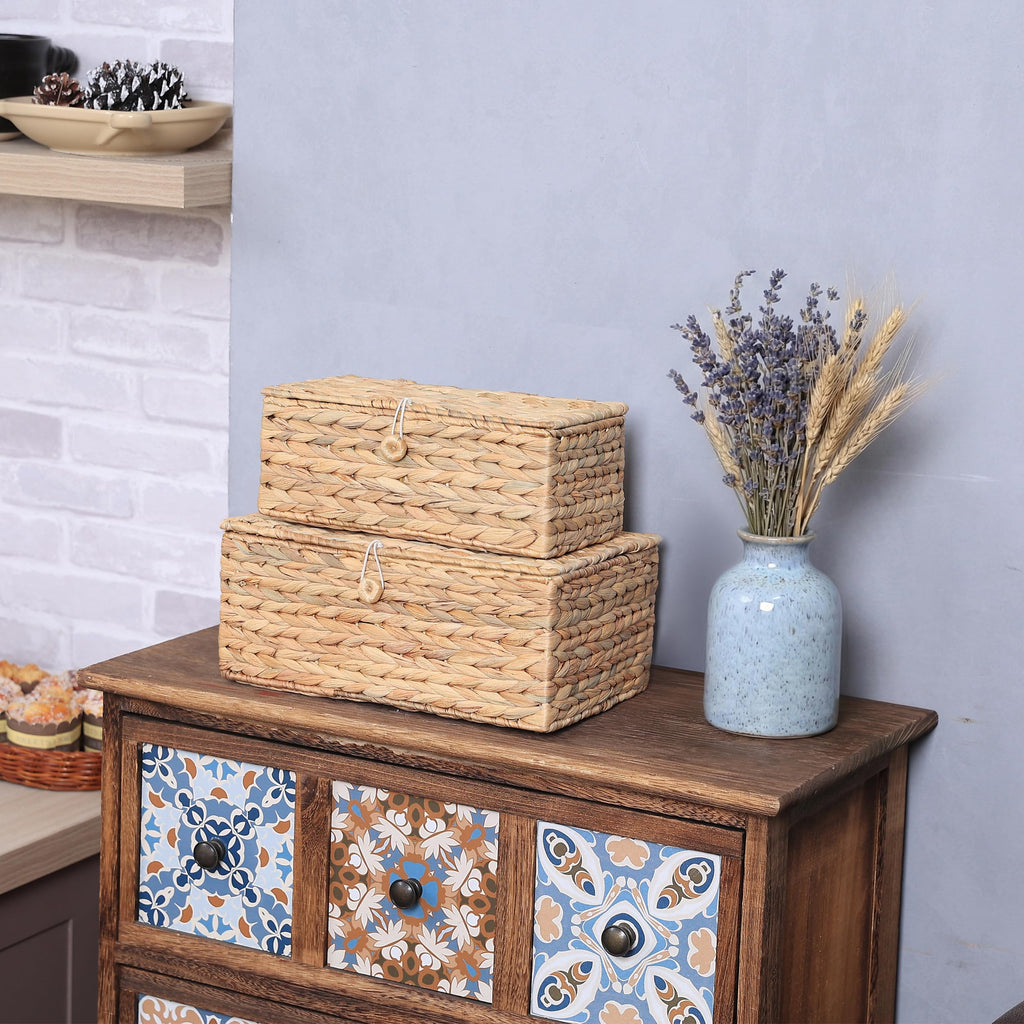 Set of 2 Rectangular Wicker Storage Basket with Lid
