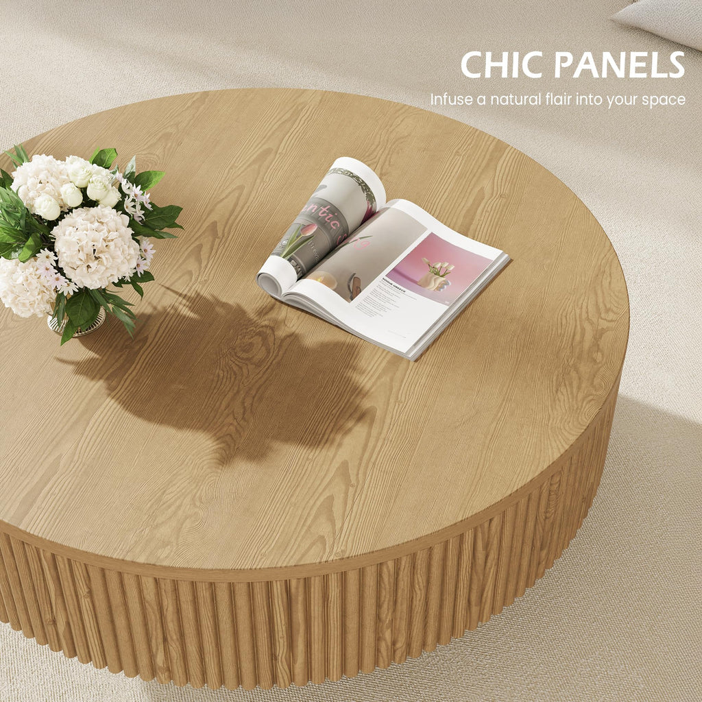 31.5" Round Fluted Coffee Table, Modern Wood Circle Coffee Table, Veneer Handcrafted Relief Tea Table with Sturdy