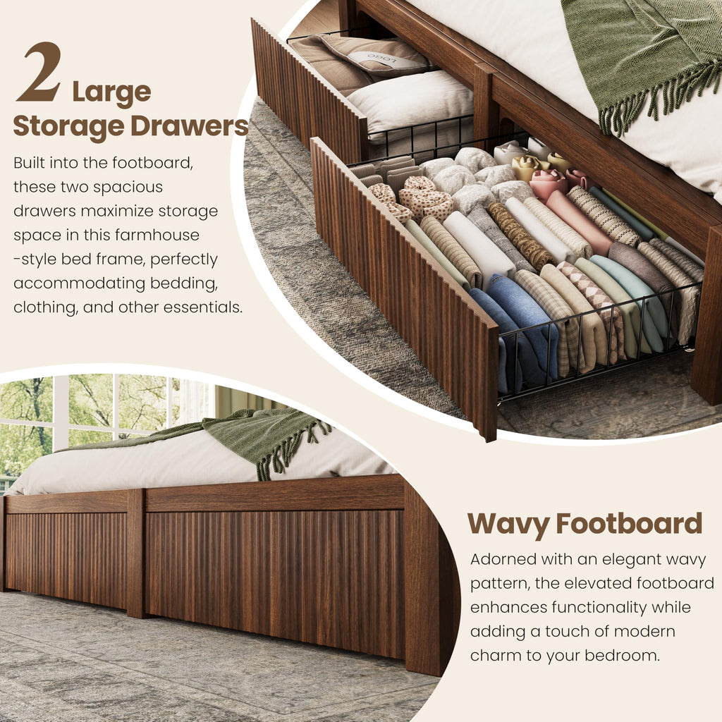 Queen Size Bed Frame with Headboard and 2 Storage Drawers, Walnut