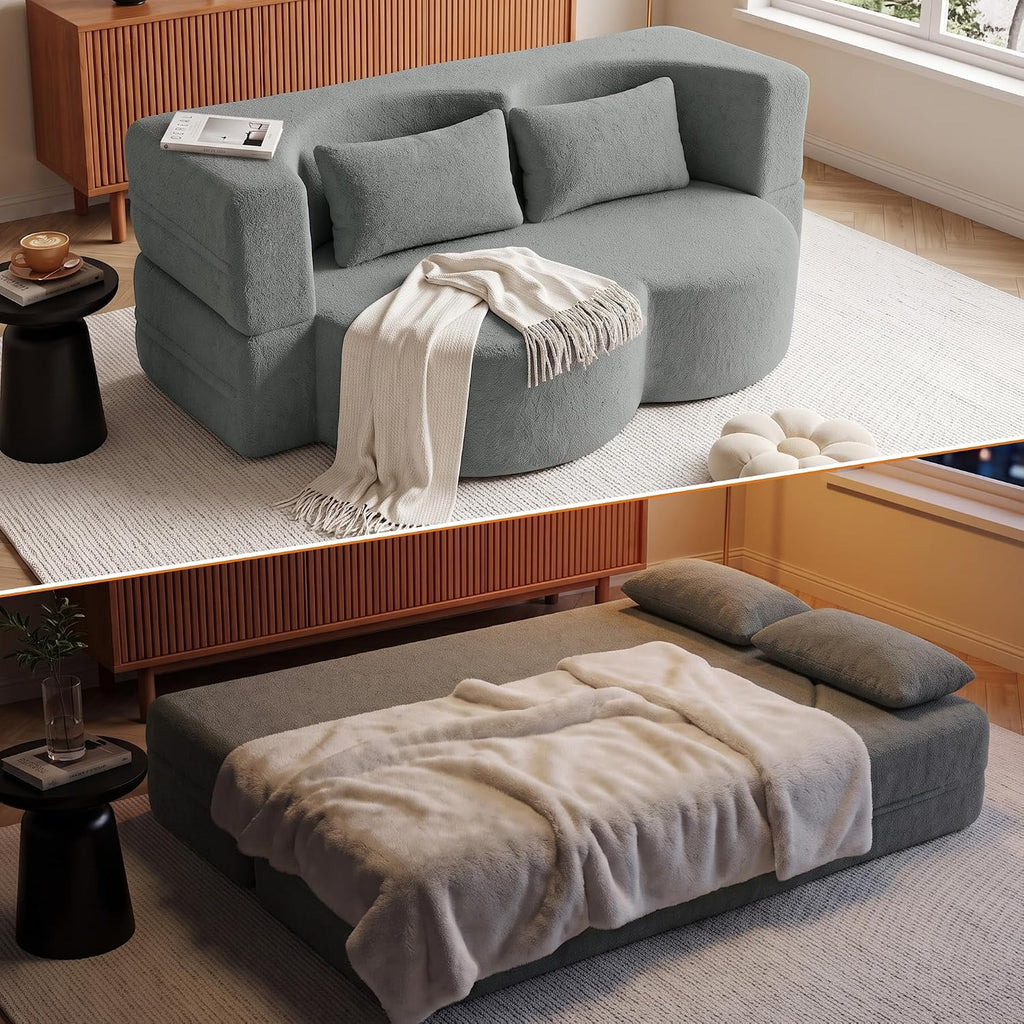 78" Convertible Folding Sofa Bed Full Size, Small Loveseat Boneless Couch | Bouclé Fabric Foldable Sleeper Sofa Bed