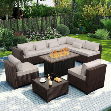 10 Pieces Outdoor Sectional All-Weather Wicker Patio Furniture Set Patio Sectional and Steel Fire Table and Glass