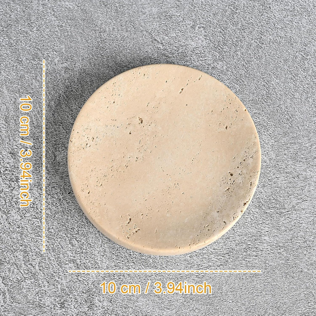 Small Travertine Jewelry Dish 4", Natural Beige Stone Trinket Tray for Rings Earrings Necklaces, Round Travertine