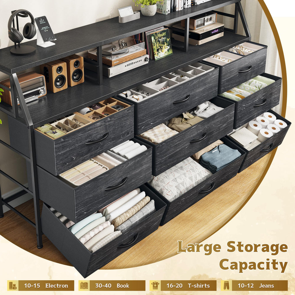 Black Dresser with 9 Fabric Drawers & Display Top Shelf