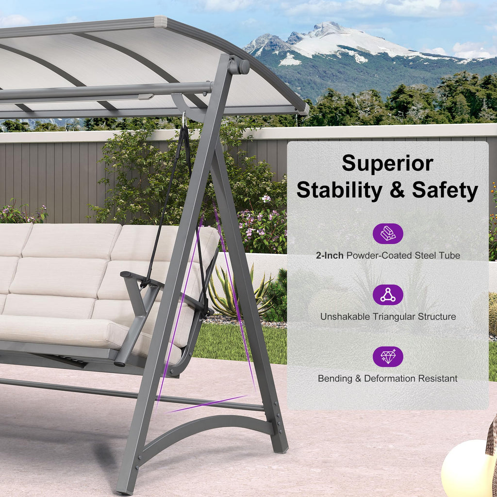 3 Person Porch Swing with PVC Canopy and Solar LED Light