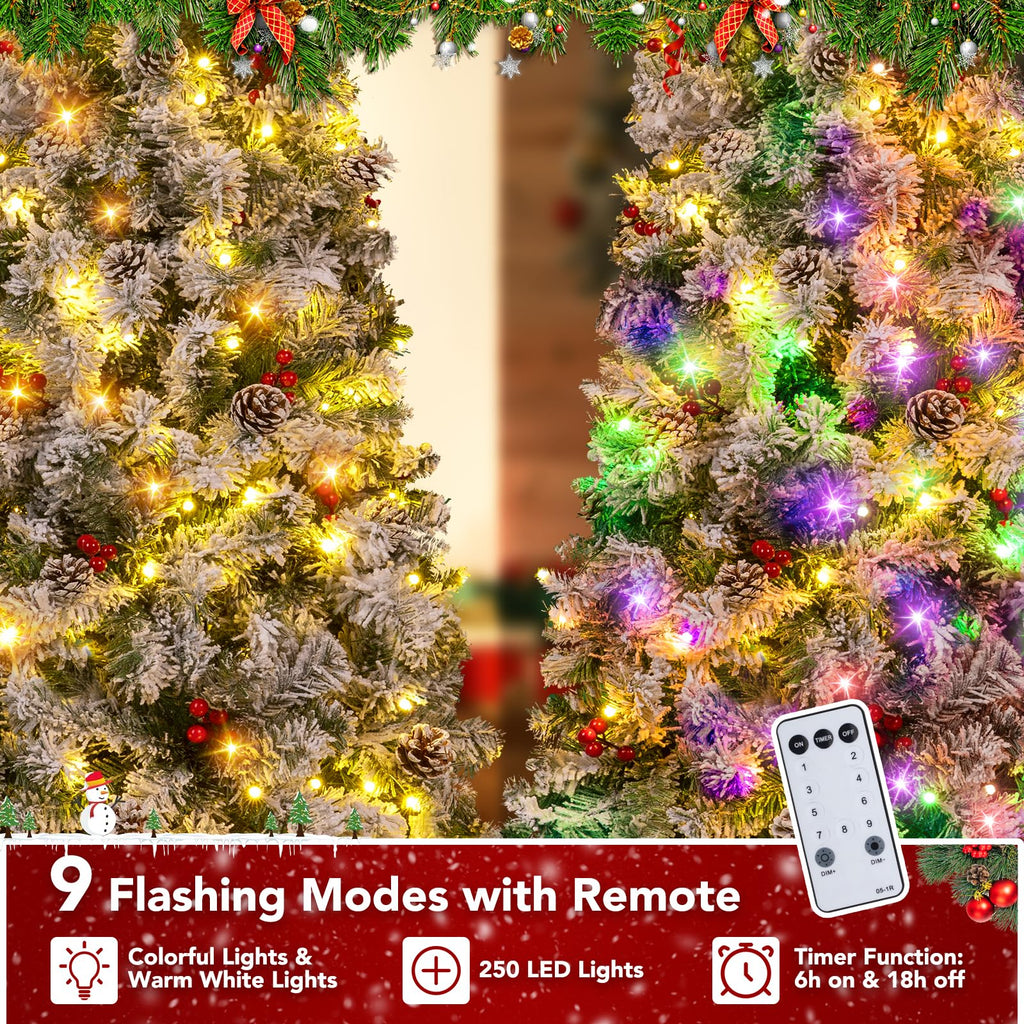 7FT Pre-Lit Snow Christmas Tree with Remote Control and Timer, Snow Flocked Artificial Pencil Christmas Tree with 798
