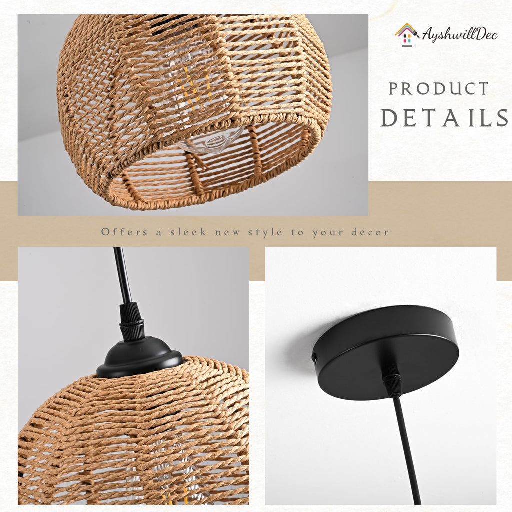 3 Pack Wicker Pendant Light Natural Boho Chandelier Light Fixture Dome Rustic Farmhouse Pendant Lights Rattan Light