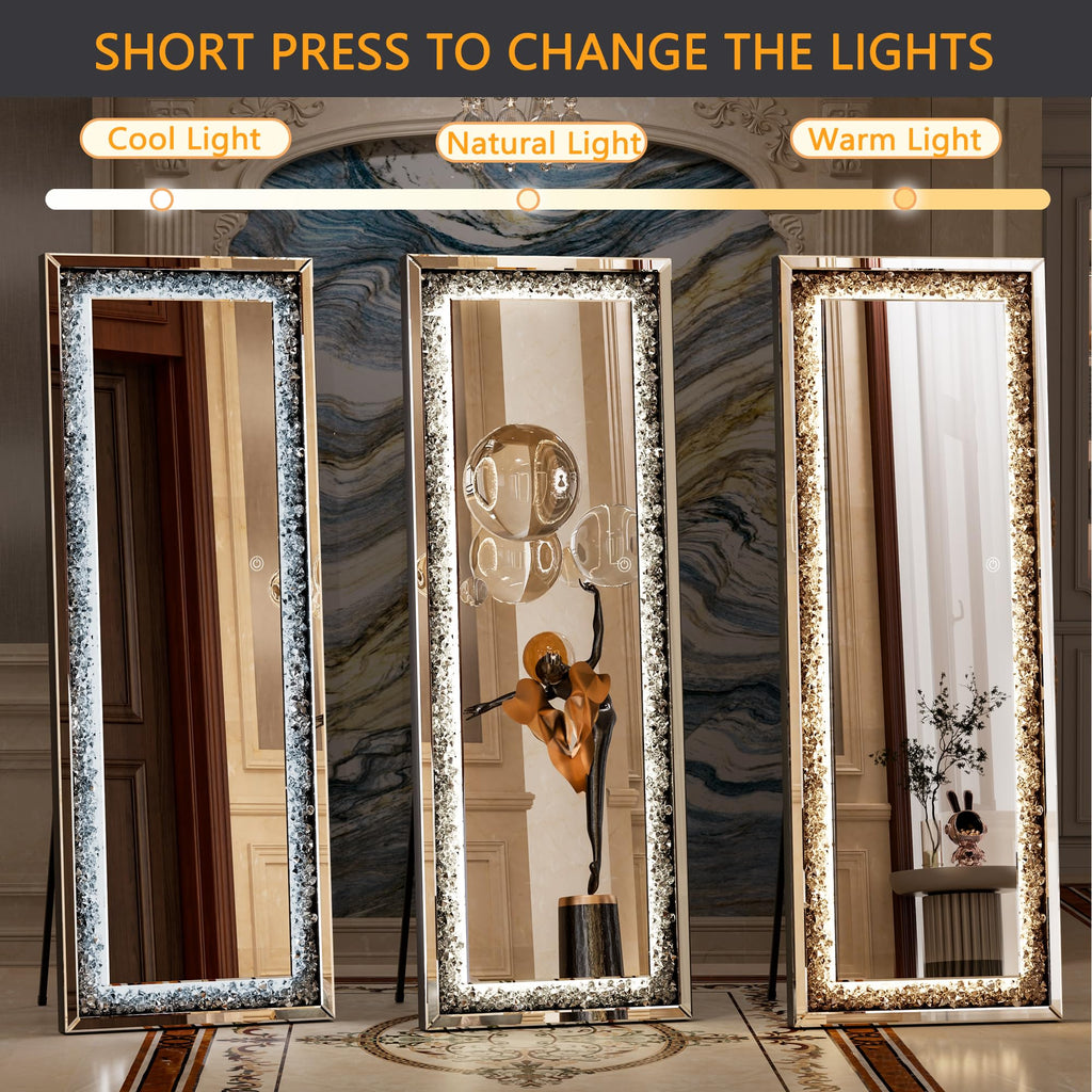 61"×22" LED Full-Length Mirror Crystal Crush Diamond, Wall Mounted Diamond Mirror Leaning Bedroom Dimming & 3 Color